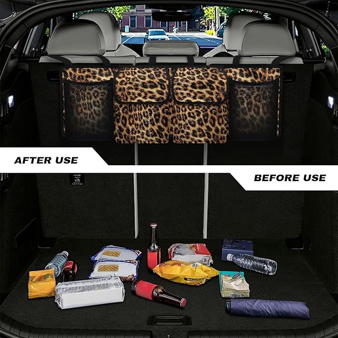 CLOHOMIN Leopard Print Backseat Car Organizer Large Capacity Car Trunk Mesh Storage Hanging Car Trunk Organizer with 4 Pockets Easy to Install Car Trunk Storage Bag Car Accessories