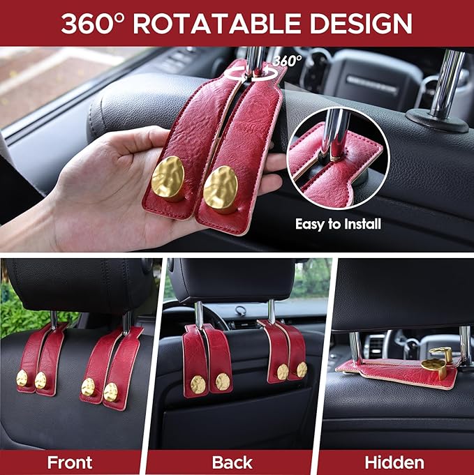 URIZZD 4 PCS Leather Car Seat Hooks for Headrest, Vehicle Hanger Storage Organizer Universal for Handbag Purse, Car Accessories Gift (Red-Gold-4 PCS)