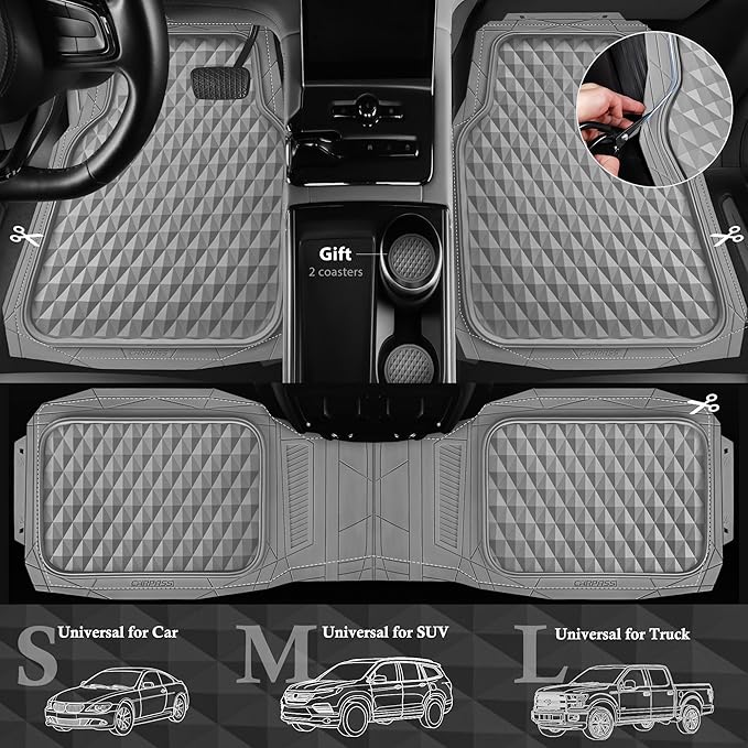 CAR PASS Heavy Duty Rubber Car Mats, Gray Deep Dish All-Weather Car Floor Mat Full Set Durable Anti-Slip 3D Rhombus Waterproof Trim Fit Liner Universal Fit Automotive,Sedan,SUV,Truck, 3 Pcs Light Gray