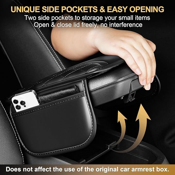 Center Console Cover Fit for CR-V: Scratch and Wear Resistant Console Cover Leather with 2 Storage Bags -Upgraded Armrest Coverfor Car,Anti-Scratch Auto Armrest Pad Accessory （Black