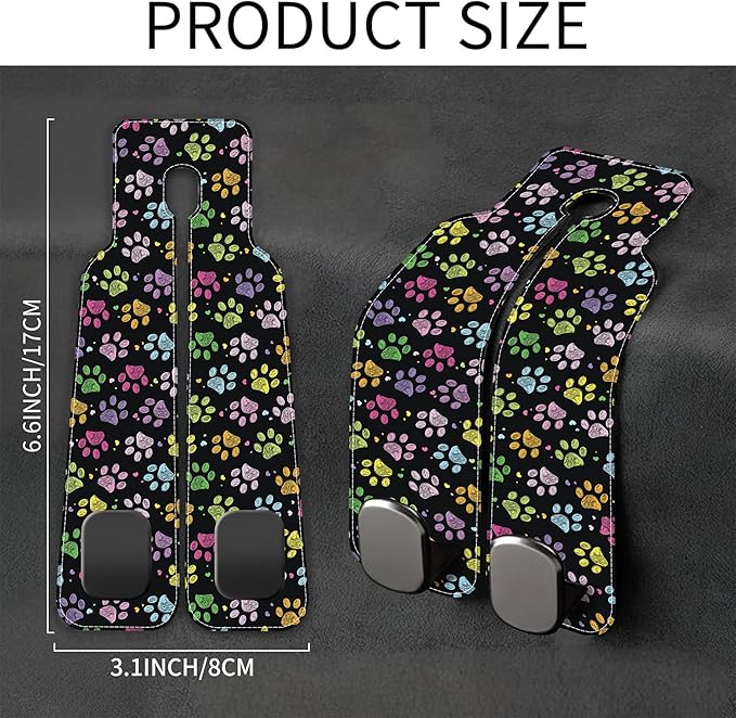 AEWNUNK Car Headrest Purse Hanger Colorful Paw Prints 1 Pack Bag Purse Holder for Car Premium Leather Double Metal Hook for Handbags, Grocery Bags and Phones