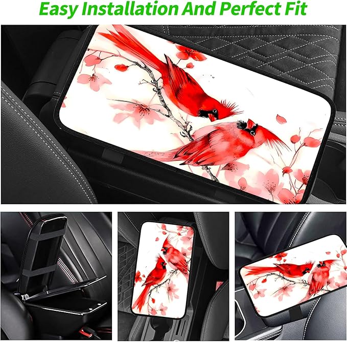 JANENFNA Car Armrest Cover Pads Universal Fashion Cute Auto Center Console Armrest Cover Pad with 2PCS Car Coasters Soft Waterproof Car Armrest Seat Protector for Women,Cute Cardinal Bird