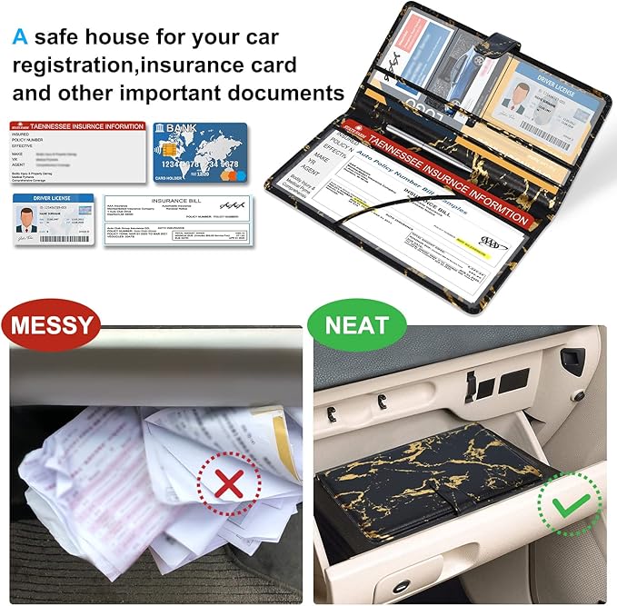DMLuna Car Registration and Insurance Holder, Leather Vehicle Card Document Glove Box Organizer, Auto Truck Compartment Accessories for Essential Information, Driver License Cards, Black/Gold Marble