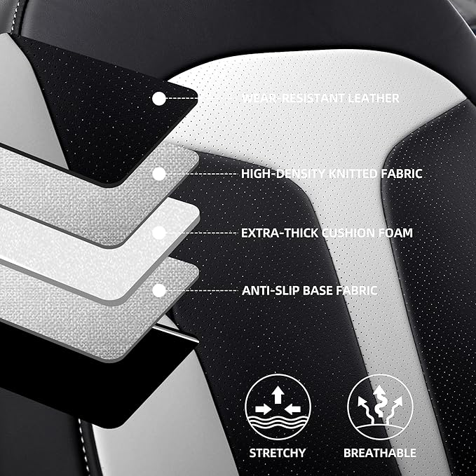 OURPLOT Custom Fit Seat Covers for 2025 2026 Tesla Model Y Juniper (5-Seater), Waterproof Breathable Nappa Leather, OEM Factory Style Full Set Car Seat Protectors Airbag Compatible - Black+White