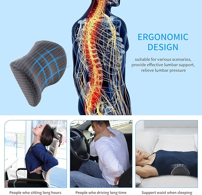 FOUSUPDT Lumbar Pillow, Memory Foam Lumbar Support Pillow for Office Chair and Car Seat, Back Support Pillow for Lower Back Pain Relief, Support Cushion Back Pillow for Sleeping, Driving, Resting