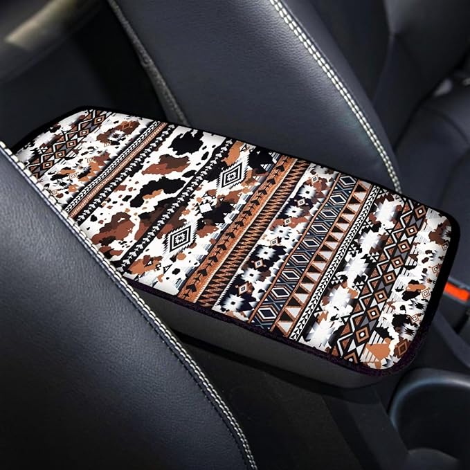 Horeset Aztec African Tribal Cow Print Center Console Armrest Cover for Men Women, Anti-Scratch Car Arm Rest Cover Pad Accessories Interior Decor