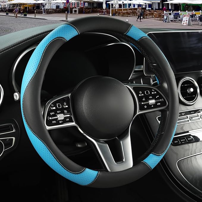 Binsheo Microfiber Leather Steering Wheel Cover, Breathable, Anti Slip, 13.5 inch to 14 inch, Black with Blue