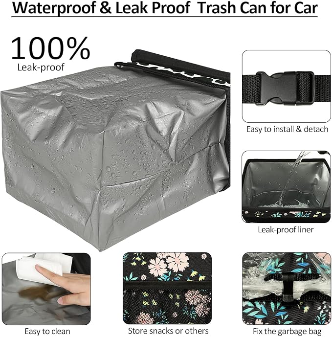 ELONGRIVER Car Trash Can Bin for Back Seat Leak Proof, Cute Car Trash Bag Hanging, Vehicle Trash Can for SUV Truck Van, Automotive Garbage Cans Front Seat Colorful Floral