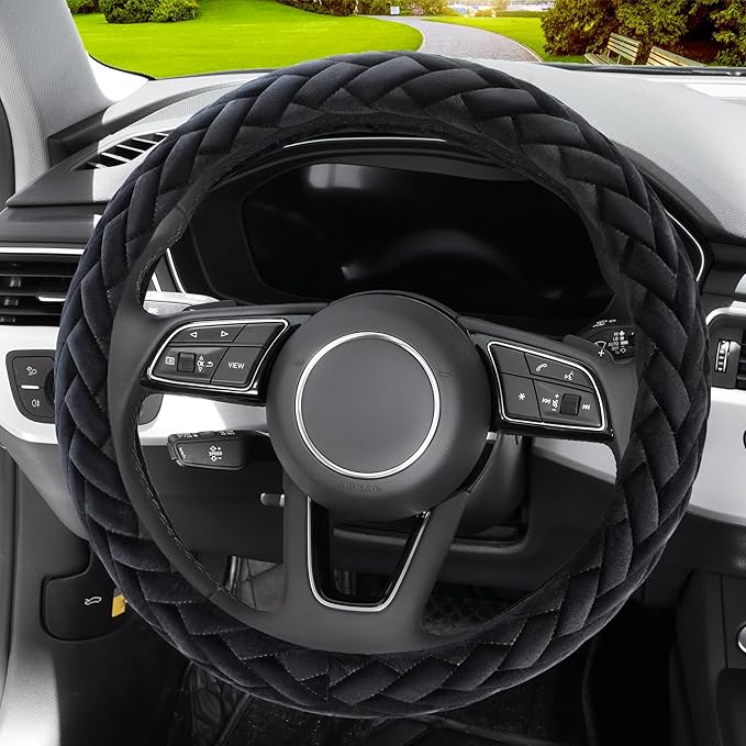 Soft Velvet Steering Wheel Cover Cute Hands Warm Fuzzy, Universal 15 Inch for Women Girls, Fit Vehicles, Sedans, SUVs, Vans, Trucks - Black