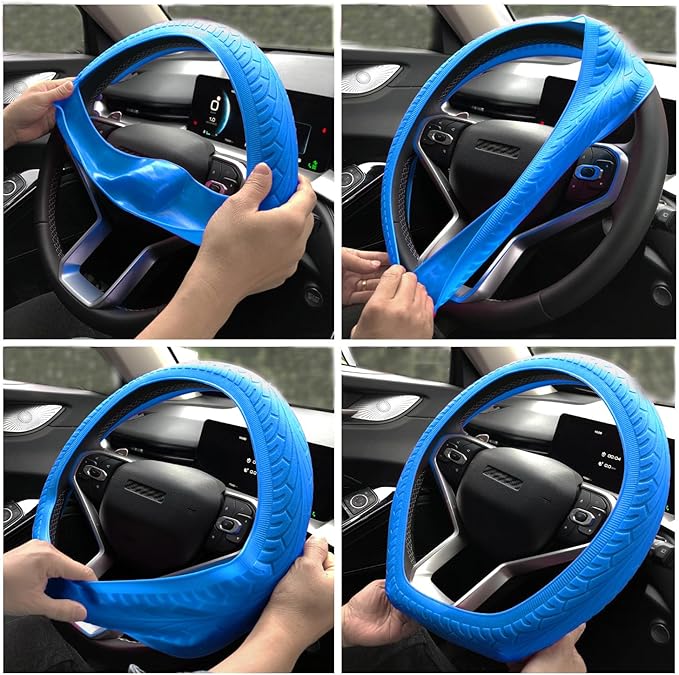 Universal Blue Steering Wheel Cover：13.5 to 15 Inches Stretchable Silicone Anti Skid Steering Wheel Protector Fit for Most Car Models Including Round D Shape or Special Shape