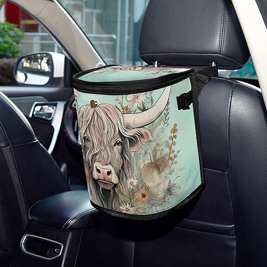 MNSRUU Car Trash Can with Lid, Highland Cow Flowers Car Trash Bag Hanging Organizers and Storage for Front Back Seat, Leak-Proof Trash Bin
