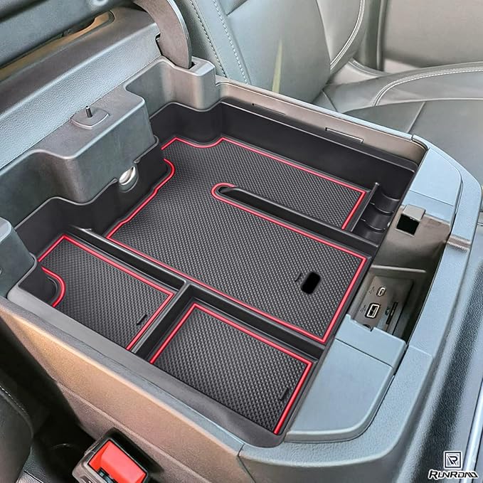 RUNROAD Center Console Organizer Tray Compatible with 2019-2022 Chevy Silverado 1500/GMC Sierra 1500 and 20-23 Silverado/Sierra 2500HD/3500HD Accessories, Full Console with Bucket Seats ONLY, Red