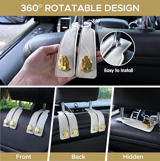 URIZZD 2PCS Leather Car Seat Hooks for Headrest, Vehicle Hanger Storage Organizer Universal for Handbag Purse, Car Accessories Gift (White-Gold)