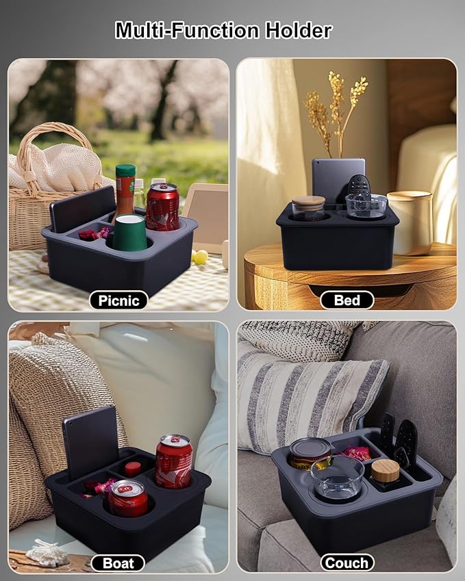 Couch Cup Holder Tray, Bonfixe Elastic Clip Stable Back Seat Cup Holder for Cars, 4 Anti-Slip Pads & Food-Grade Silicone Car Caddy Organizer for Bed, Truck, Home, Office, Boat (Black)