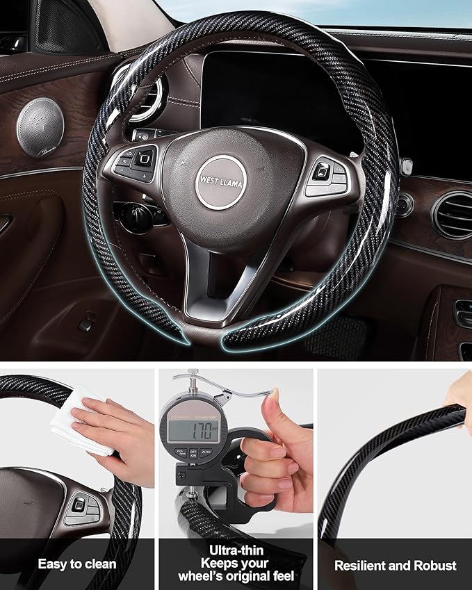 West Llama Carbon Fiber Car Steering Wheel Cover,Thin Steering Wheel Wrap Universal 14.5-15 Inch,Fit Cars,SUVs,Trucks(Glossy-Black-O-Shaped)