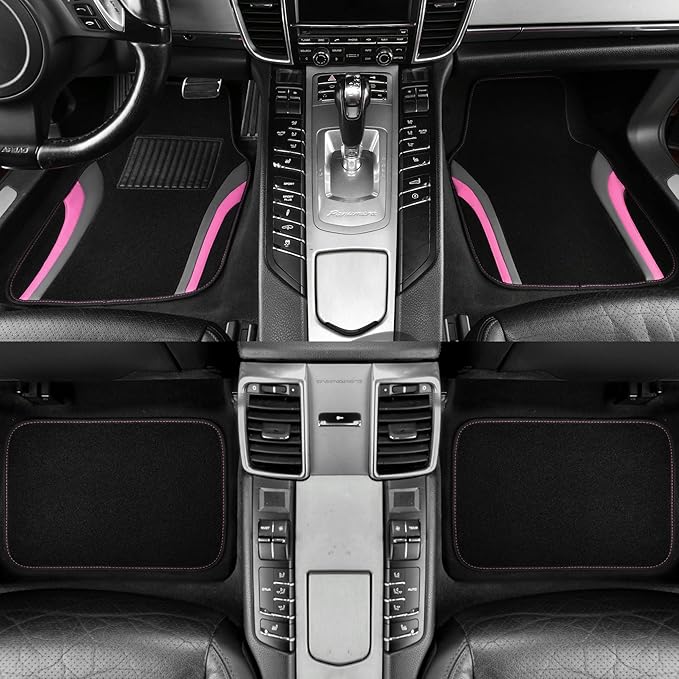 CAR PASS Leather Sporty Car Floor Mats Carpet, Universal Waterproof Automotive Floor Mat Fit for Sedans, Cars, Mid Trucks, Vans, SUV, Set of 4 (Black and Pink)