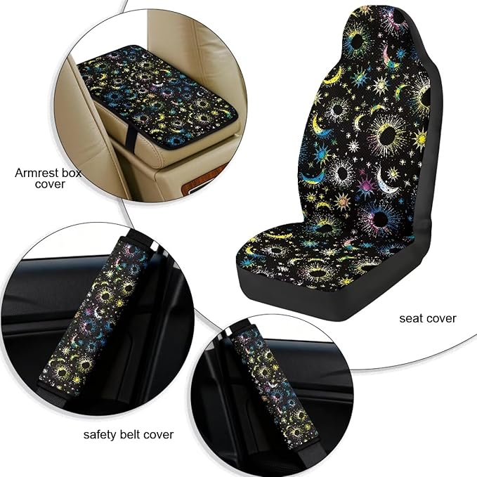 Qeluxign Auto Seat Covers with Car Center Console Cover, Colorful Moon Star Belt Cover PU Leather Breathable Full Set Bucket Seat Covers, Pack of 5, Universal Fit for Sedan,SUV