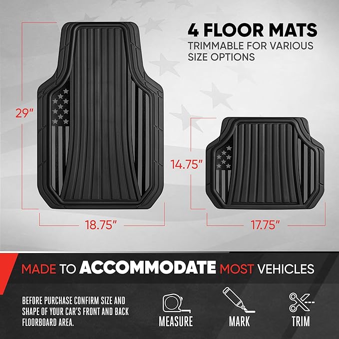 MotorTrend Black Flag Rubber Floor Mats – All Weather Car Mats with American Flag Stars & Stripes Design, Heavy-Duty Automotive Floor Mats for Cars, SUVs & Trucks Black/Grey