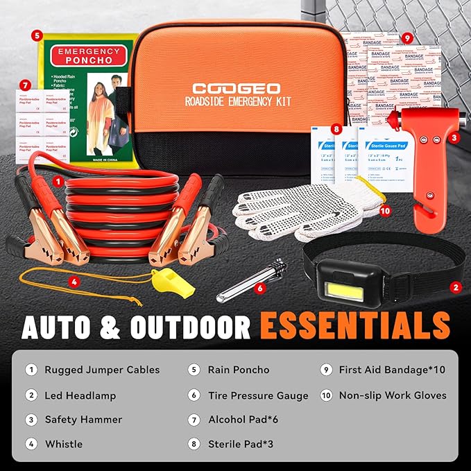 COOGEO Roadside Emergency Car Kit with Jumper Cables, Car Accessories for Men, Assistance Safety Kit Includes Safety Hammer, Headlamp, Gloves, First Aid Kit for Women, Men, Teenagers, Orange