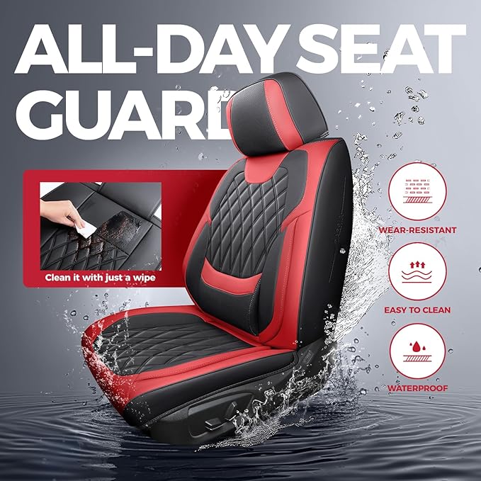 FREESOO Front Seat Covers for Cars - Ultra Breathable Waterproof Faux Leather Car Seat Cover Protectors with Lumbar Support, Universal Fit for Most 5 Seats Vehicles Sedans Hatchbacks Pickup, Black Red