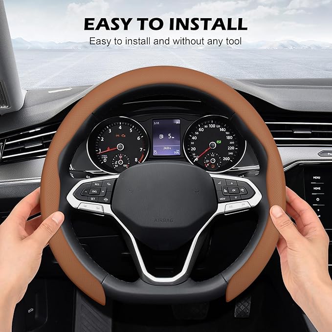 frani Nappa Leather Steering Wheel Cover, Universal 15 Inch Premium Non-Slip Steering Wheel Cover Tan