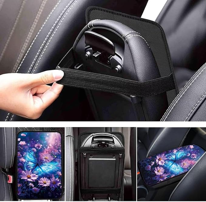 Blue Butterfly Auto Armrest Console Cover Arm Rest Cover Car Soft Car Console Covers Protect from Pet Claws for Most Vehicle, SUV, Truck, Cars