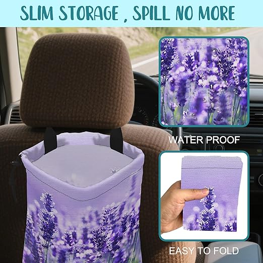 KXWQTRDD Car Garbage Bag Purple Lavender Flowers Drawstring Car Trash Bag Hanging for Back Seat with Adjustable Buckle Canvas Vehicle Trash Can Easy-to-Install