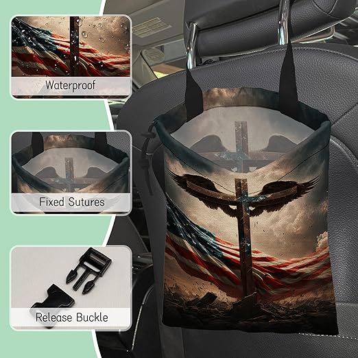NHNXHWIA Cross with Wings Car Trash Bag,American Flag Hanging Drawstring Car Garbage Bag,Waterproof Canvas Car Back Seat Organizer with Adjustable Buckle,for Vehicles,SUVs,Camping,Road Trips