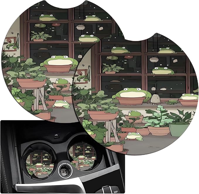JANENFNA Car Armrest Cover Pads Universal Fashion Cute Auto Center Console Armrest Cover Pad with 2PCS Car Coasters Soft Waterproof Car Armrest Seat Protector for Women,Cute Green Frog