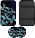 JANENFNA Car Armrest Cover Pads Universal Fashion Cute Auto Center Console Armrest Cover Pad with 2PCS Car Coasters Soft Waterproof Car Armrest Seat Protector for Women,Blue Golden Butterflies
