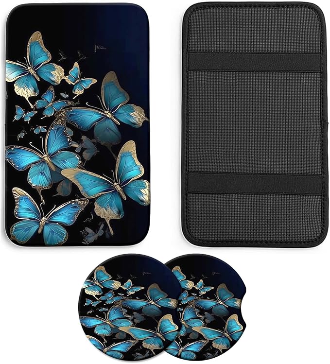 JANENFNA Car Armrest Cover Pads Universal Fashion Cute Auto Center Console Armrest Cover Pad with 2PCS Car Coasters Soft Waterproof Car Armrest Seat Protector for Women,Blue Golden Butterflies