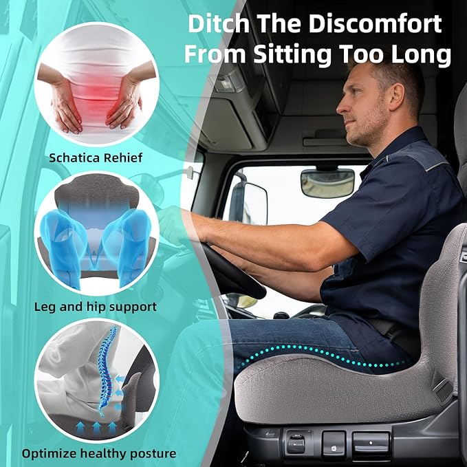 Seat Cushion, Memory Foam Truck Seat Cushion, L-Shaped Ergonomic Design Chair Cushion with Lumbar Support for Back Pressure Relief, for Long Sitting Office Worker