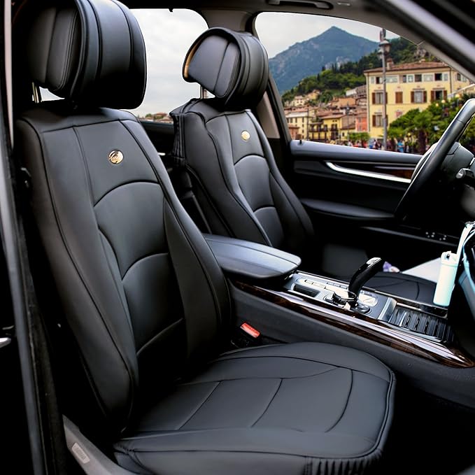 FH Group Front Set Faux Leather Seat Cushions - Car Seat Covers for Low Back Seat, Universal Fit, Airbag Compatible Car Seat Cover for SUV, Sedan, Solid Black