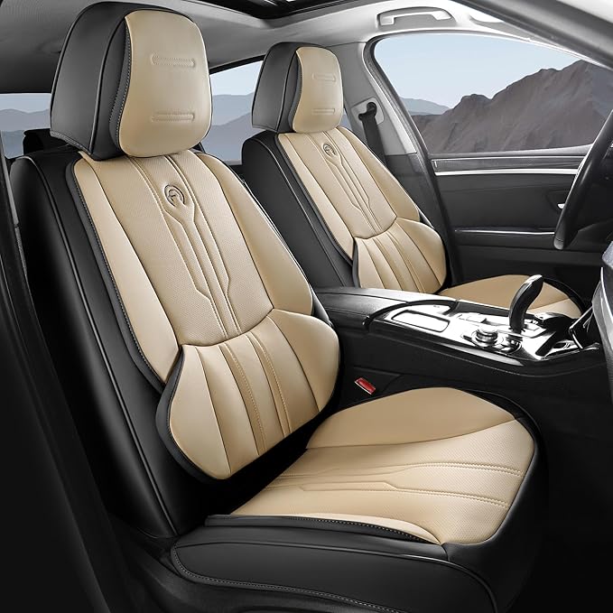 AOOG Front Seat Covers, Car Seat Covers Front Seats, Leather Seat Covers for Cars, Waterproof Seat Covers with Lumbar Support Universal Fit for Most Cars SUV Trucks(Front Pair, Beige&Black)