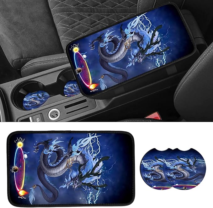 JANENFNA Car Armrest Cover Pads Universal Fashion Cute Auto Center Console Armrest Cover Pad with 2PCS Car Coasters Soft Waterproof Car Armrest Seat Protector for Women,King Dragon
