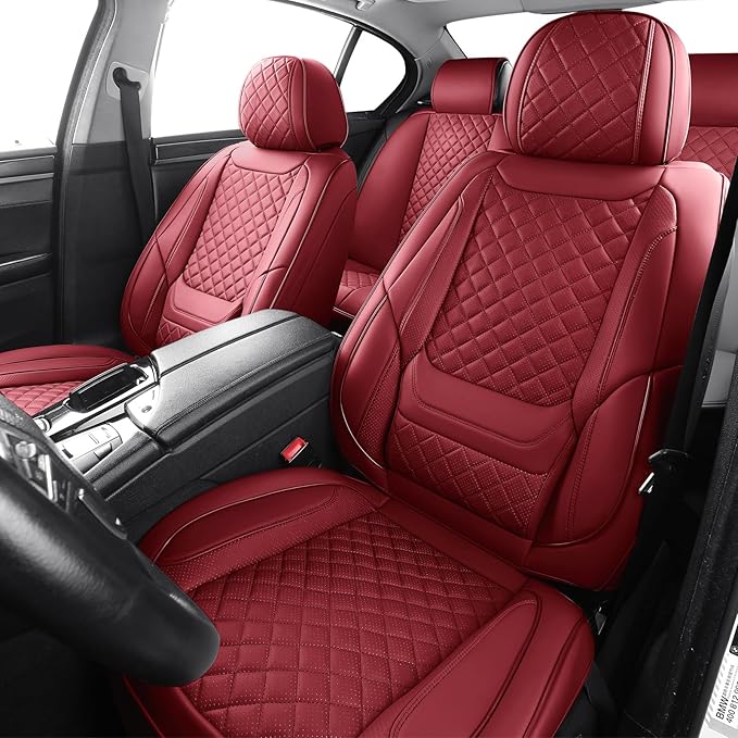 hoozoom Leather Car Seat Covers Full Set Breathable Automotive Seat Covers Waterproof Seat Protectors Universal Fit for Most Automotive Cars SUV Trucks Van(Red, Full Set)