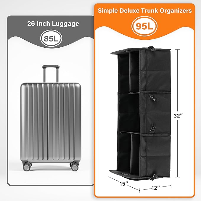 Simple Deluxe Car Trunk Organizer, Multi Compartments Collapsible Trunk Storage, Anti-slip, Waterproof 600D Oxford Polyester, with Adjustable Straps for SUV, Truck, Large Size, Black, 2 Pack