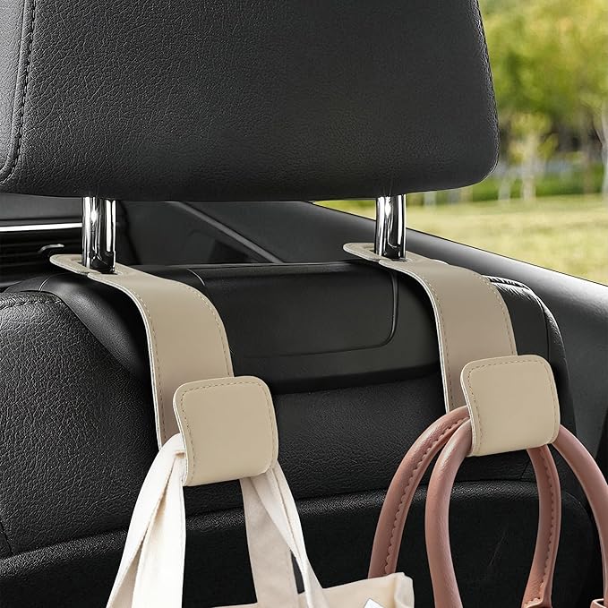 Romiona Leather Car Purse Hooks with Larger Strap Holder Purse Hook Purse Holder for car car seat Back Hooks Automotive seat Back Organizer headrest Hooks for Bags and Purse (Beige, 2pcs)