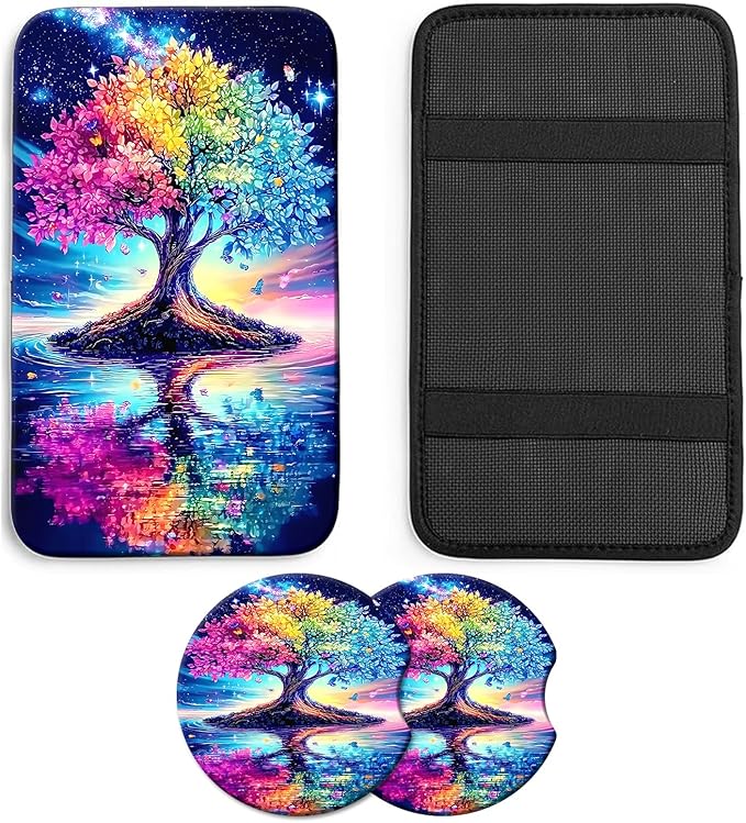 JANENFNA Car Armrest Cover Pads Universal Fashion Cute Auto Center Console Armrest Cover Pad with 2PCS Car Coasters Soft Waterproof Car Armrest Seat Protector for Women,Rainbow Tree