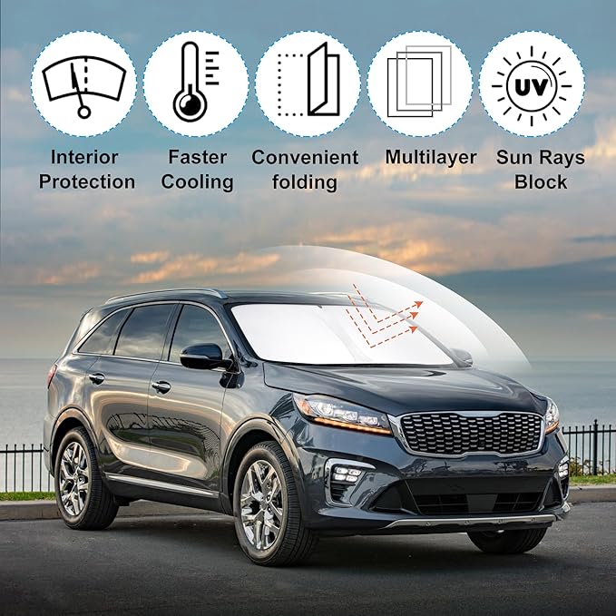 Windshield Sun Shade Custom Fit for 2016 2017 2018 2019 2020 Kia Sorento Accessories Foldable Sunshade Sun Blocker Protect Car from Sun Rays & Heat Damage Keep Car Cooler