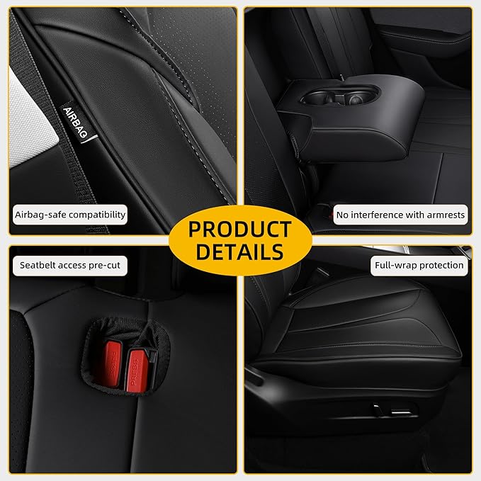 OURPLOT Custom Fit Seat Covers for 2025 2026 Tesla Model Y Juniper (5-Seater), Waterproof Breathable Nappa Leather, OEM Factory Style Full Set Car Seat Protectors Airbag Compatible - Black