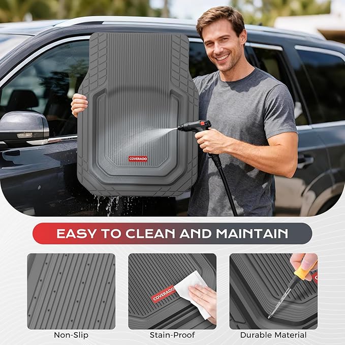 Coverado Heavy Duty Car Floor Mats, Deep Dish Car Mats Full Sets, Durable Waterproof Floor Mats, Trim to Fit Automotive Mats, Universal Car Accessories for Cars SUV Trucks Sedans Vans, Gray, 3pcs