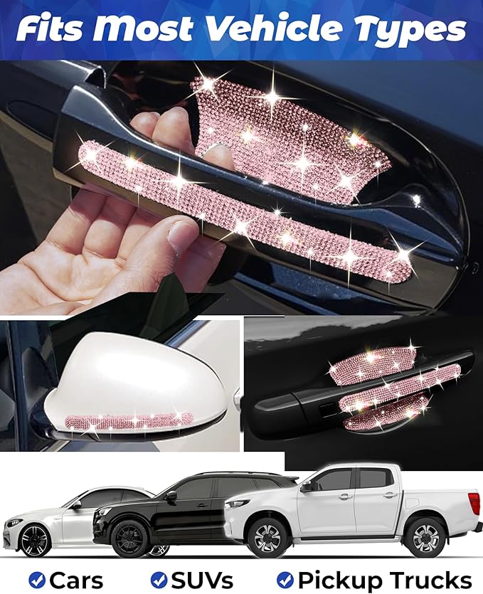 Bling Car Door Handle Protector, 10 PCS, Pink Sparkling Rhinestone Cars Door Protective Cover, Anti-Scratch Auto Handles Sticker, Universal Bling Car Accessories for Women