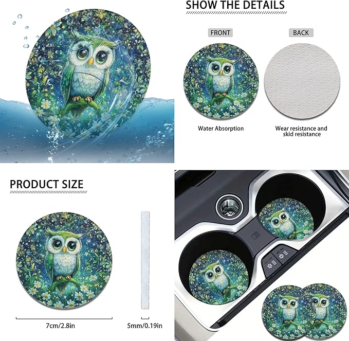 Galaxy Night Owl Car Steering Wheel Cover Set 6 Pcs Animal Owl Print Cup Holder Armrest Pad Gear Shift Cover,Car Handbrake Covers Auto Accessories for Men Women
