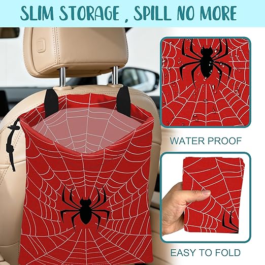 KXWQTRDD Car Garbage Bag Spiders Web Red Drawstring Car Trash Bag Hanging for Back Seat with Adjustable Buckle Canvas Vehicle Trash Can Easy-to-Install