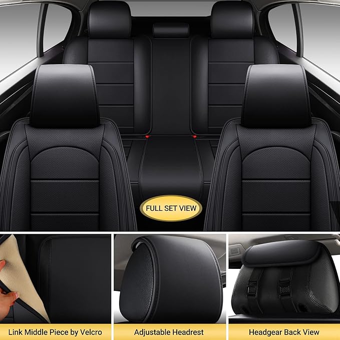 AOOG Leather Car Seat Covers with Car Backseat Organizer, Universal fit Automotive Vehicle Most Sedan SUV Pick-up Truck (Full Set, Black)