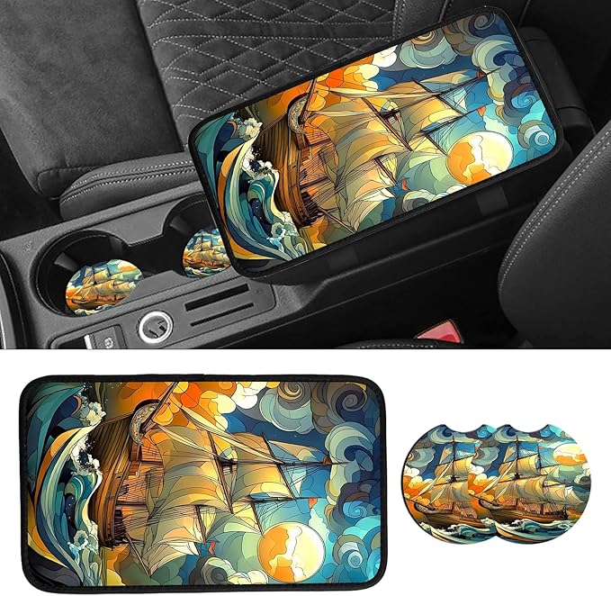 JANENFNA Car Armrest Cover Pads Universal Fashion Cute Auto Center Console Armrest Cover Pad with 2PCS Car Coasters Soft Waterproof Car Armrest Seat Protector for Women,Ocean Sailboat