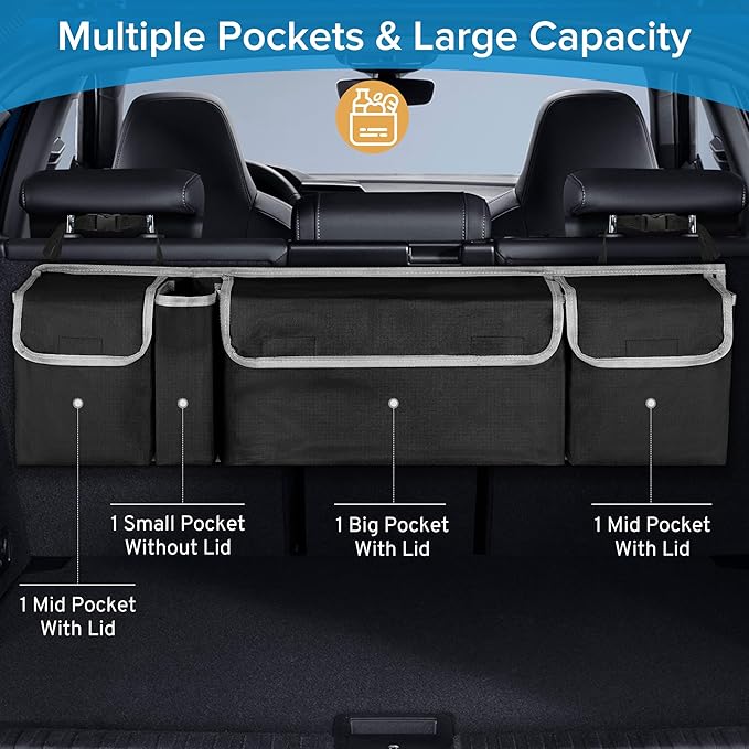 Car Trunk Organizer Storage Bag for Jeep Wrangler JL JK Grand Cherokee/Cherokee Grand Wagoneer/Wagoneer Renegade Compass Trailhawk Limited SUV accessories, Hanging Collapsible Backseat Bag