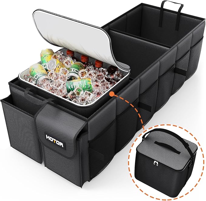 HOTOR Trunk Organizer for Car & SUV, Sturdy Car Organizer with Removable Cooler, Large Foldable Trunk Organizer with Cooler, 3 Compartments, Adjustable Straps, Black, 35.43”×14.17“×10.63”