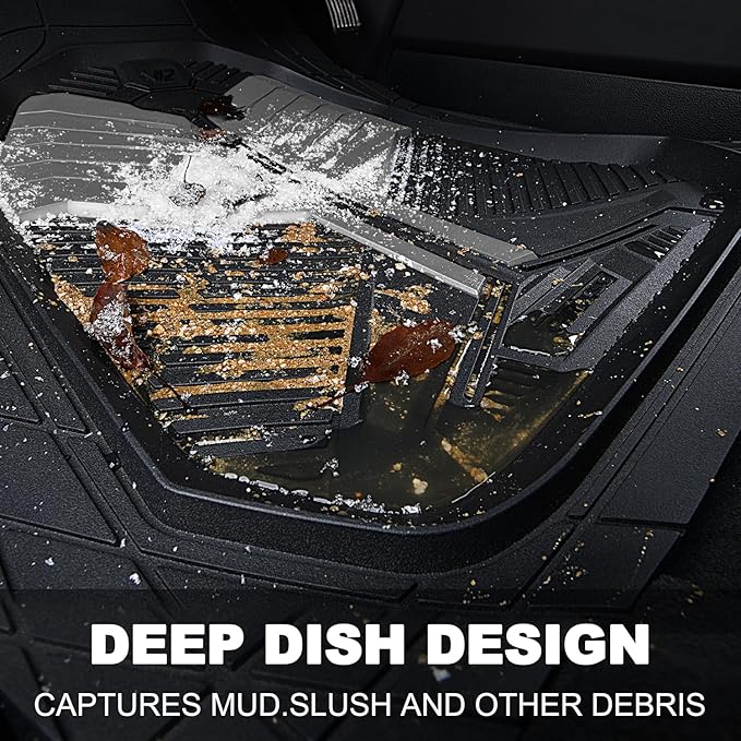 CAR PASS Heavy Duty Rubber Car Mats, Deep-Dish Car Floor Mats All Weather, Universal Two-Tone Trim-to-Fit for SUVs Trucks Sedans, Waterproof Anti-Slip, 3 Pieces V12 Black and Metallic Gray